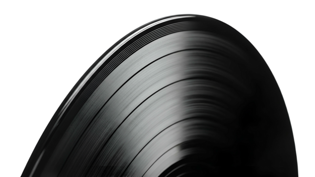 Abstract, angled view of a vinyl record with grooves, glossy surface against black