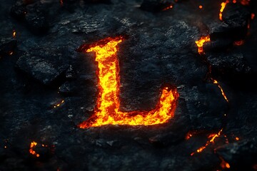 Volcanic glowing letter l with fiery magma flowing through dark, cracked rock texture, powerful typography design concept
