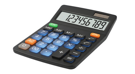 Black electronic calculator with a digital display showing numbers, isolated on transparent background