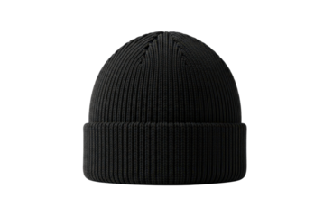 A classic black knitted beanie hat with a folded cuff, perfect for cold weather, isolated on transparent background