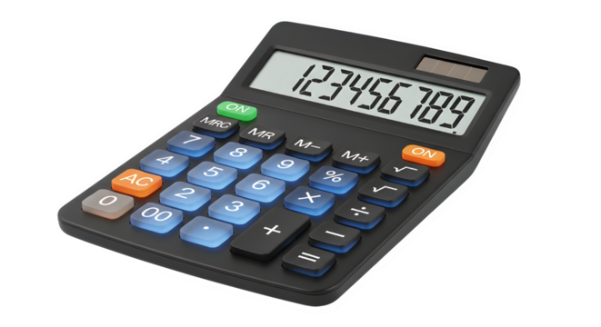 Black electronic calculator with a digital display showing numbers, isolated on transparent background