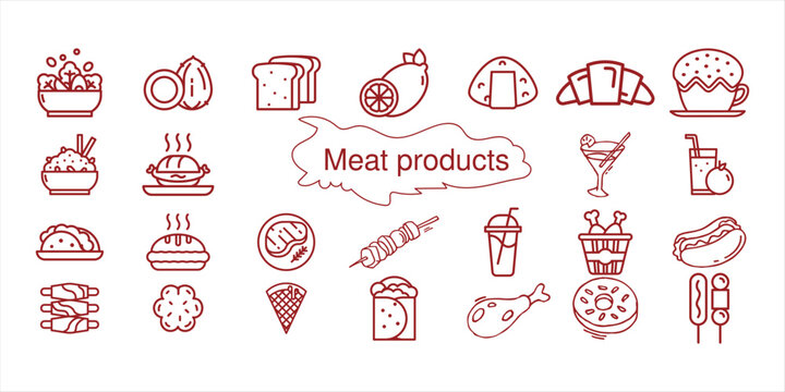 Meat products. Top view frame. Hand drawn illustration. 