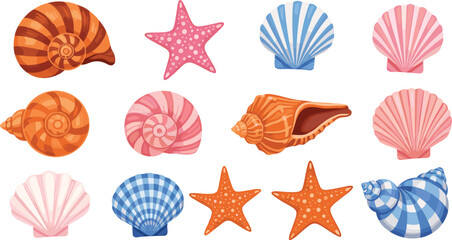 Fototapeta premium Colorful decorative seashell and starfish vector collection featuring assorted ocean shells, beach elements, and marine illustrations in vibrant pastel and striped designs.