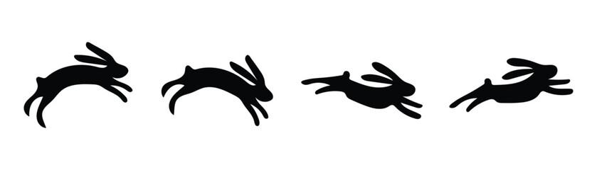 Jumping Rabbits Silhouettes in Four Different Positions on Transparent Background