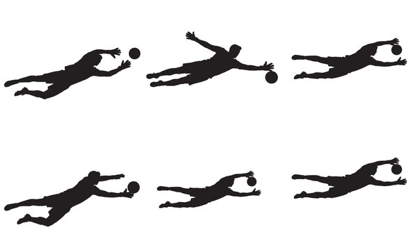 Dynamic silhouette sequence of a goalkeeper diving to catch a ball in mid air silhouette
