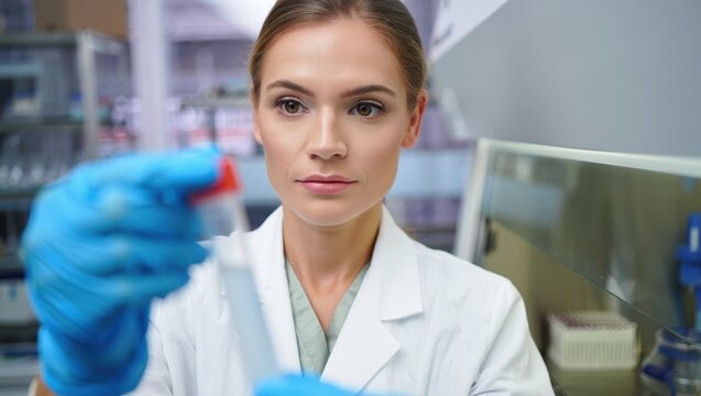Confident female microbiologist analyzes sample in sterile laboratory today.