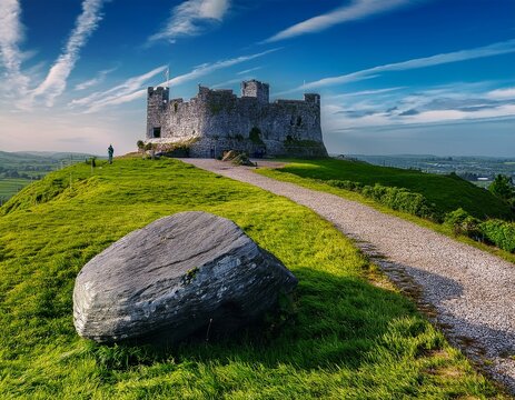 Enniscorthy Castle: An Imposing Stone Fortress Perched atop a Verdant Hill under a Striking Blue Sky with Wispy Clouds