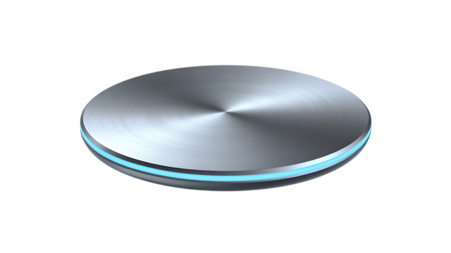 Silver Wireless Charger with Blue LED Edge – Transparent PNG, Premium Tech Product Isolated.