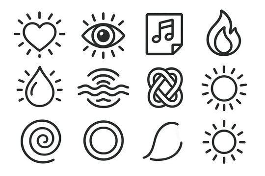 Emotional Memory Icons. Emotional Memory linear icon set: heart-light symbol, warm aura, reflective eye, soft ripple, cherished note, gentle flame, nostalgia droplet, calming wave