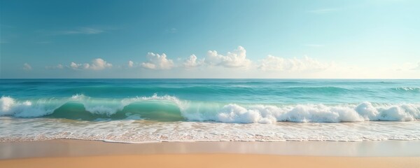 Serene ocean waves gently lap at sandy beach. Blue sky with clouds. Happy Sunday life concept. Peaceful landscape with turquoise water and foam on shore. Calm sea waves. Summer vacation retreat.