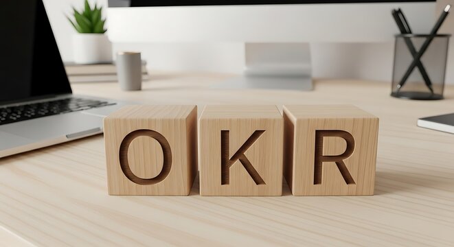 OKR Objectives and Key Results concept on wooden blocks - Powered by Adobe