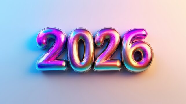 Glossy reflective 2026 numbers in vibrant hues create a vibrant visual effect, perfect for New Year's Eve celebrations or special occasions.