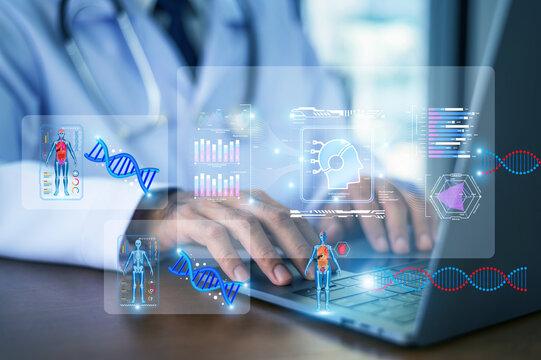 AI-enhanced medical analytics interface showing DNA research, biotech data, and digital diagnostic information for modern scientific healthcare