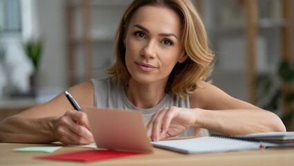 Professional woman writes at desk, reviewing documents in calm office.