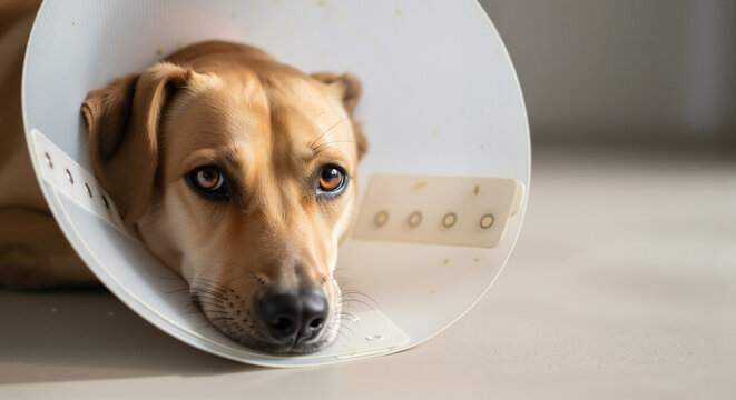 Dog wearing cone collar resting on floor in veterinary clinic  