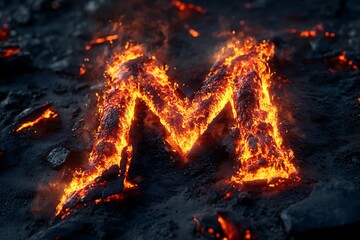 Fiery molten lava letter m intensely glowing on rugged volcanic terrain, symbolizing immense power, energy, and extreme heat.