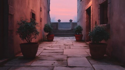 Obraz premium Atmospheric stone alleyway at dusk lined with potted plants and leading to a balustrade under a soft colorful sunset sky