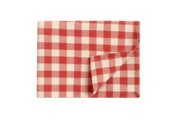 Gingham picnic tablecloth with red and white checkered pattern, folded and ready for outdoor dining, transparent background