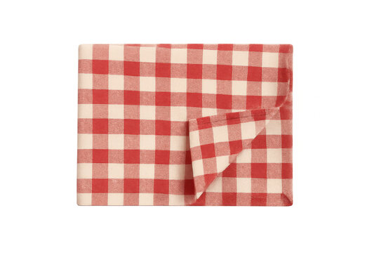 Gingham picnic tablecloth with red and white checkered pattern, folded and ready for outdoor dining, transparent background