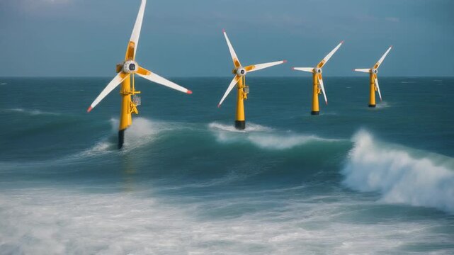 A futuristic array of bright yellow tidal turbines harnessing the powerful kinetic energy of ocean waves for sustainable electricity