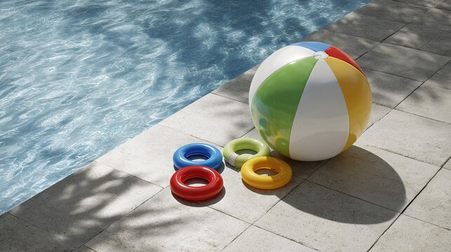 colorful inflatable beach ball rests on light gray patio tiles next to four small inflatable swim rings beside clear blue pool water