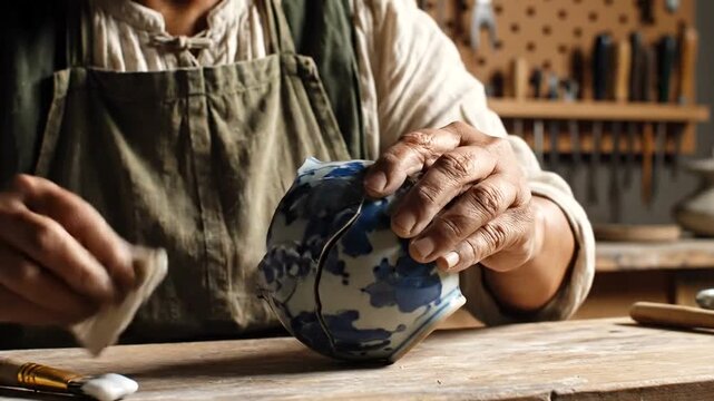 Artisan meticulously repairs broken ceramic pottery using traditional Kintsugi technique in a rustic workshop.