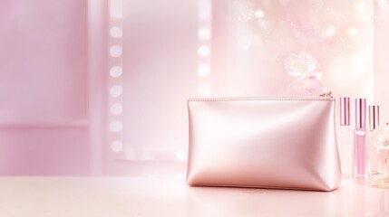 makup. Stylish cosmetic pouch with high-end beauty items on a delicate pink background. lifestyle magazines, social media lookbooks, designed for lifestyle magazines and social media content.
