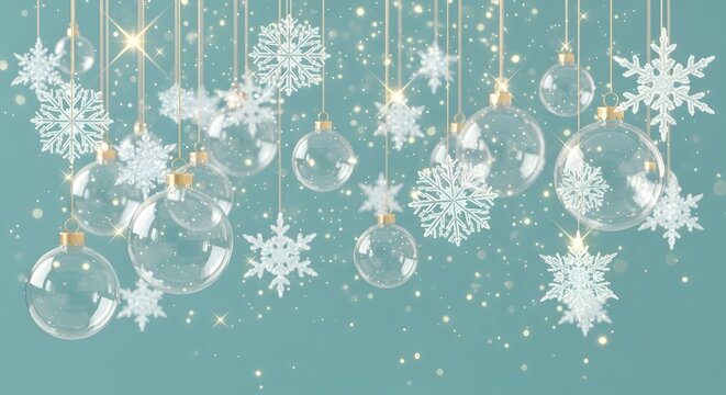 Sparkling snowflakes and glass ornaments adorn a teal background