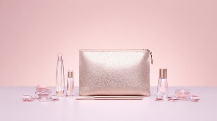 makup. Stylish cosmetic pouch with high-end beauty items on a delicate pink background. lifestyle magazines, social media lookbooks, designed for lifestyle magazines and social media content.
