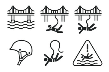 Fototapeta premium Bungee Jump Icons. Bridge Bungee linear icon set. suspension bridge, cord, helmet, falling person, river, safety sign