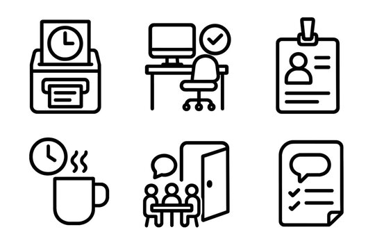 Labor Day Icons. Labor Day Labor Rights Awareness Workplace linear icon set: timecard, safe workstation, ID badge, break symbol, team table, open door, feedback bubble, guidelines
