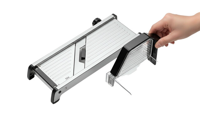 A hand holds a mandoline slicer, ready to cut. It is made of metal and plastic