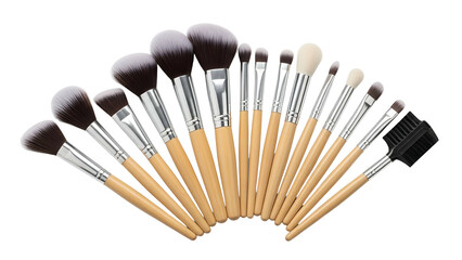 Array of assorted makeup brushes with wooden handles and black/tan bristles on black backdrop