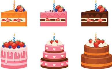Delicious birthday cake and dessert slice vector collection with candles, frosting, strawberries, chocolate layers, and decorative toppings for celebration designs.
