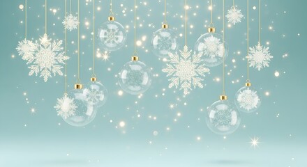 Sparkling snowflakes and ornaments on a winter holiday background
