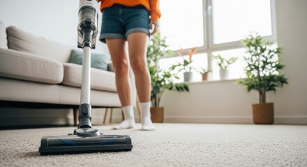 Low angle perspective of a person using a modern cordless stick vacuum cleaner on a soft carpet, tidying up a bright and airy contemporary living room