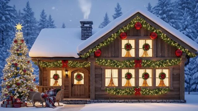A beautifully decorated cozy wooden cabin stands serenely in a snow-covered winter landscape under a tranquil night sky. The charming rustic home is adorned with festive string lights, green garlands,