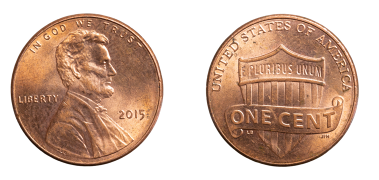 1 american cent coin on a white background