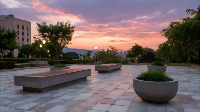 A serene plaza with concrete benches and planters under a colorful twilight sky at dusk