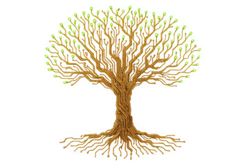 Tree with branches as circuit board traces and glowing green lights as leaves, representing electronic data and digital connections