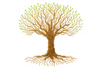 Tree with branches as circuit board traces and glowing green lights as leaves, representing electronic data and digital connections
