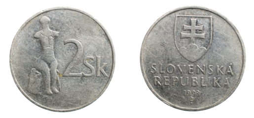 two slovakia koruna coin on white isolated background