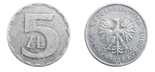 five Polish zloty coin on a white isolated background