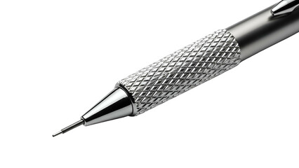Close-up of a silver mechanical pencil with textured grip, isolated on black