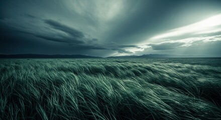 A moody, cinematic landscape of a vast, windswept grassy meadow under an ominous, stormy sky with dramatic sunbeams breaking through the dark clouds