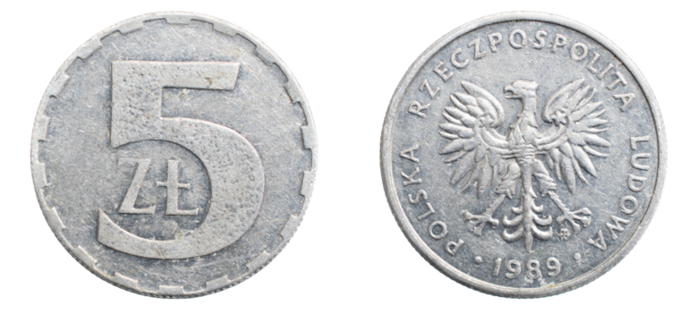 five Polish zloty coin on a white isolated background