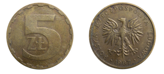 five Polish zloty coin on a white isolated background