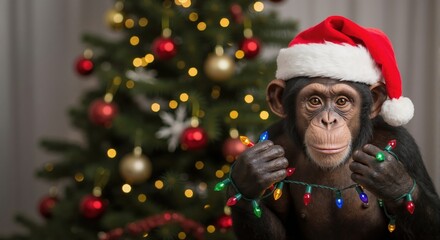 Funny chimpanzee wearing a Santa hat and holding colorful lights. Cute monkey celebrating Christmas with a festive tree in the background. Holiday animal humor concept
