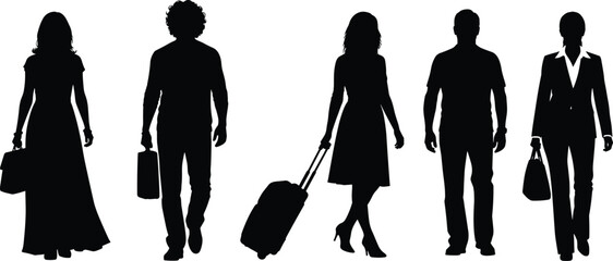 Silhouettes of diverse business travelers walking with luggage and bags, professional men and women commuting, isolated on white background for design use