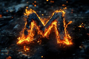 Fiery m letter engulfed in vibrant flames and glowing embers, radiating intense heat and power on a textured ground
